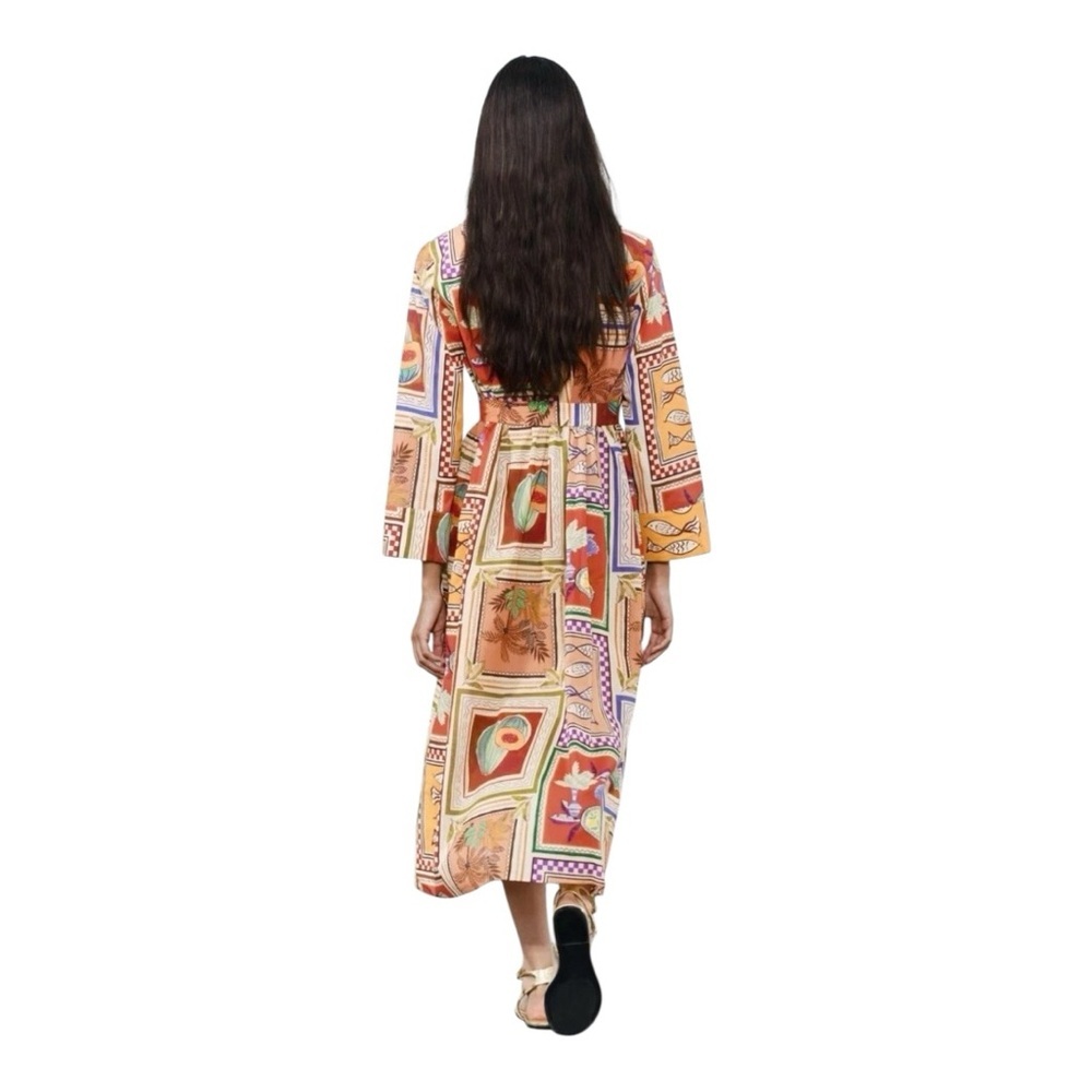 🌺 ZARA Printed Shirt Dress Multicolor 100% Cotton Belted Midi Dress Size XL NWT - Picture 3 of 8
